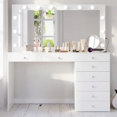 Boahaus Ketevan Modern White Makeup Vanity Desk with Mirror Lights, Power Outlet with USB Ports, 8 Drawers, Glass Top, Jewelry Divider, and Crystal Knobs for Bedroom