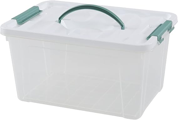 Pekky 1 Pack Plastic Small Latch Box, 14 Quart Clear Lidded Storage Bin | Stackable Organizing Containet with White Lid and Green Handle