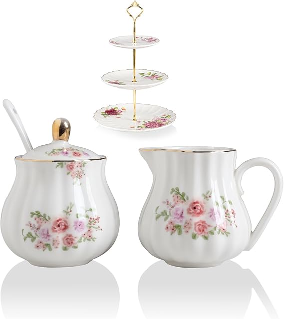 Sweejar Royal Ceramic Sugar and Creamer Set Cream Pitcher, Sugar Bowl, Sugar Set with Lid & Spoon & Cake Stand, Coffee Serving Set Wedding Gift (Sugar and Creamer Set, Flower)