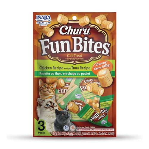 INABA Churu Fun Bites for Cats, Soft & Chewy Baked Chicken Wrapped Filled Cat Treats, 0.7 Ounces Each Pack, 18-Packs Total 3 per Bag, Tuna Recipe