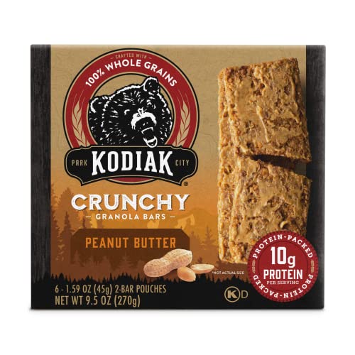 Kodiak Crunchy Granola Snack Bars, Peanut Butter, High Protein, 100% Whole Grains, 1 box with 6 pouches 12 bars