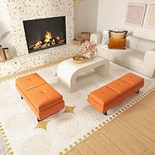 Kinpaw Entryway Leather Bench Waiting Room Chairs - Orange End of Bed Bench for Bedroom, Living Room, Hallway, Salon, Entry Way, Indoor Shoe Bench with Cushion