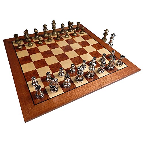 Hayes Inlaid Maple, Mahogany, and Sapele Wood Chess Board with Metal Pieces, 2.5 Inch King, and Extra Queens Large 15 x 15 Inch Set