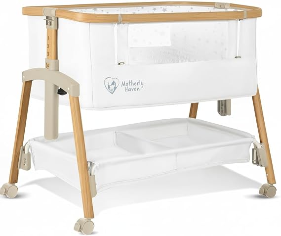 Motherly Haven Baby Bassinet Bedside Sleeper, Portable Crib for Newborns, Adjustable 7-Height Auto-Lock, with Wheels, Soft Mattress & Breathable Mesh