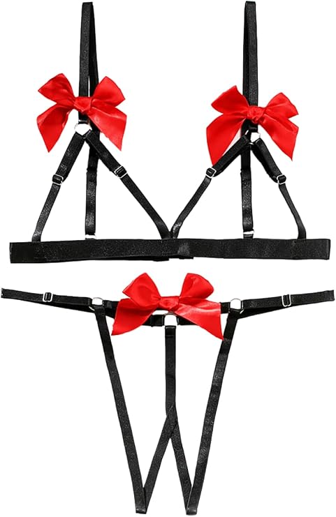 Kaei&Shi Sexy Bra And Panty Sets, Valentine's Day Exotic Strappy Lingerie For Women, Bow G String Honeymoon Two Piece Petite