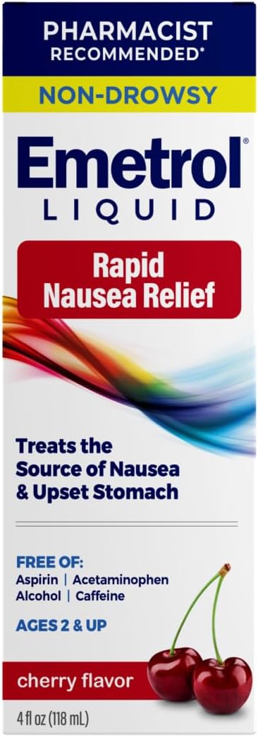 Emetrol Non-Drowsy Nausea Relief - Liquid Nausea Medicine for Upset Stomach Relief - Pharmacist Recommended Nausea Relief - Cherry Flavor - 4fl oz
