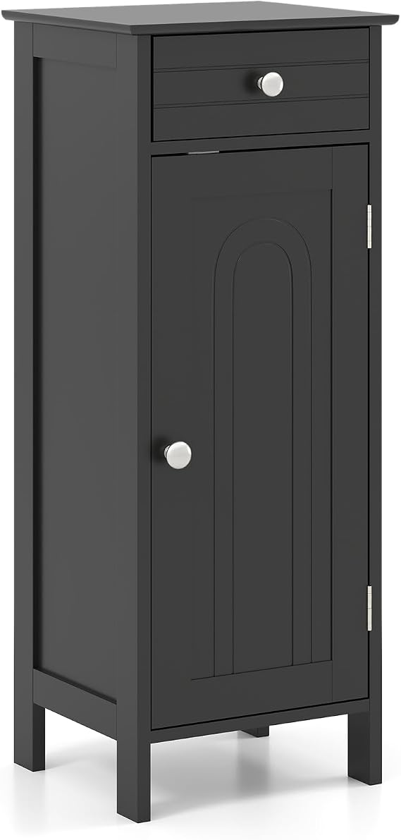 Tangkula Bathroom Floor Cabinet, Free-Standing Single Door Storage Cabinet with Drawer & 2 Adjustable Shelves, Wooden 14L Narrow Side Storage Organizer for Small Spaces, Living Room, Kitchen (Black)