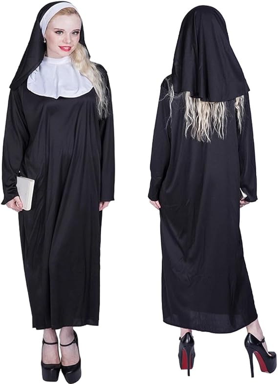 Women Nun Costume Set Traditional Sister Black Robe Convent Worker Nun Outfit for Halloween Cosplay Party