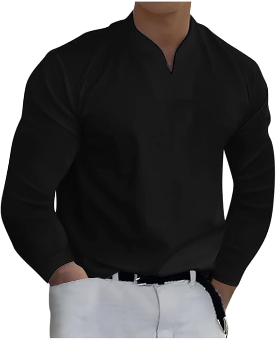 Black Shirts for Men 2023 V Neck Long Sleeve Business Work Casual Tshirt Fashion Solid Pullover Sweater Going Out