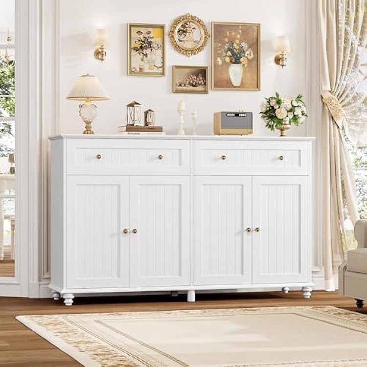 FINETONES Buffet Cabinet with Storage, 55.1 Large Sideboard Buffet, White Kitchen Display Cabinet with 2 Drawers and 4 Doors, Wood Coffee Bar for Kitchen Dining Room