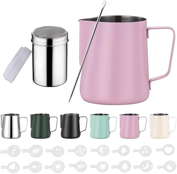 350 ml Stainless Steel Milk Jug Barista Milk Jug with Measurement Mark 12 oz Milk Foam Jug with Cocoa Shaker 16 Latte Art Stencils & Pen for Cappuccino and Espresso Light Green