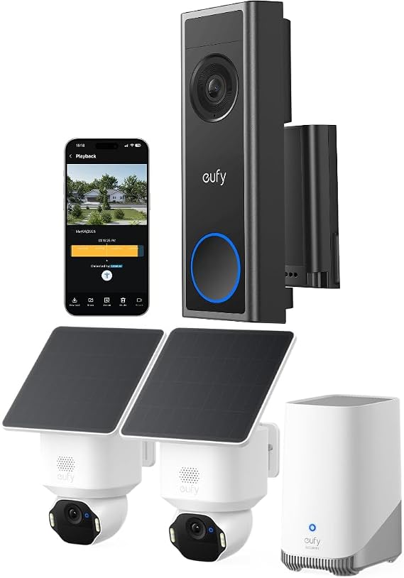 eufy Video Doorbell Camera Wireless C31, with eufy SoloCam E42 2-Cam Kit (HomeBase S380), 4K Solar Security Camera Outdoor Wireless,AI Motion Tracking, Strobe Light, Pan & Tilt, Facial Recognition