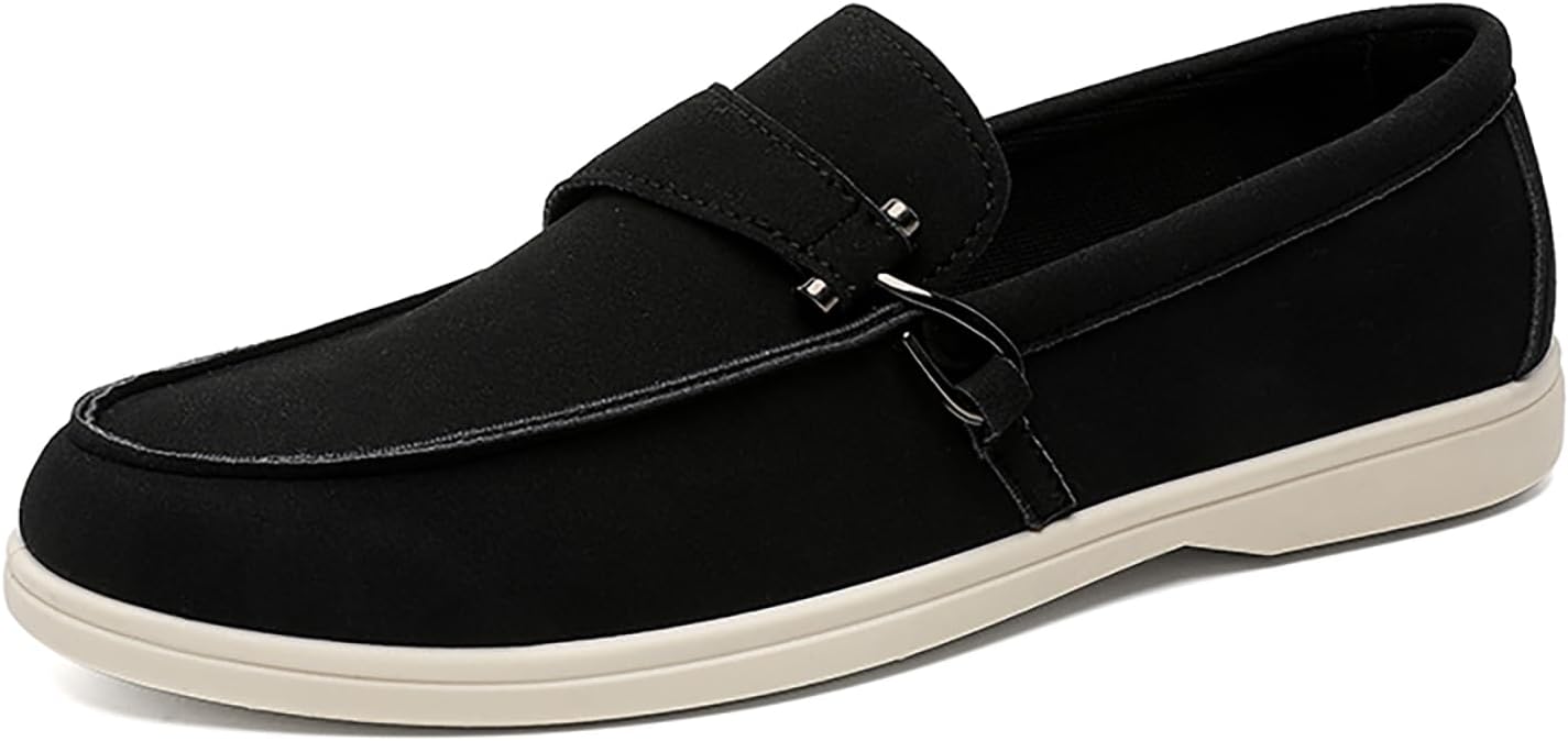 Men's Retro Suede Flat Loafers with Metal Buckle Comfortable Slip-on Round Toe Non-Slip Business Causal Dress Sneakers for Office Outdoor Driving Formal