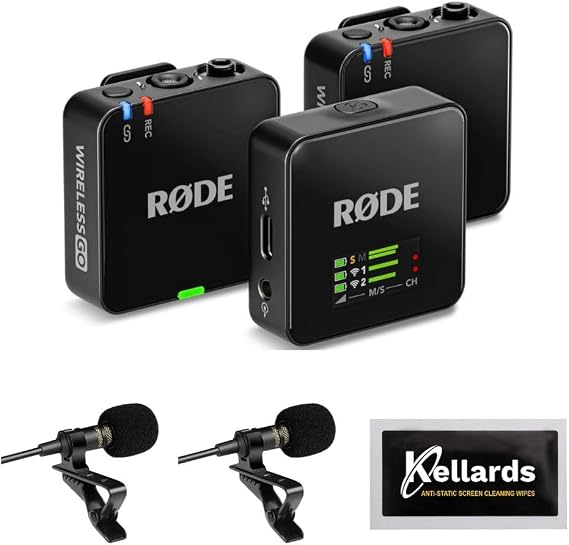 Rode Wireless GO (Gen 3) 2-Person Compact Digital Wireless Microphone Recorder Black Bundle with Grade Lavalier Lapel Microphone (2 Pack), Kellards Cleaning Cloth
