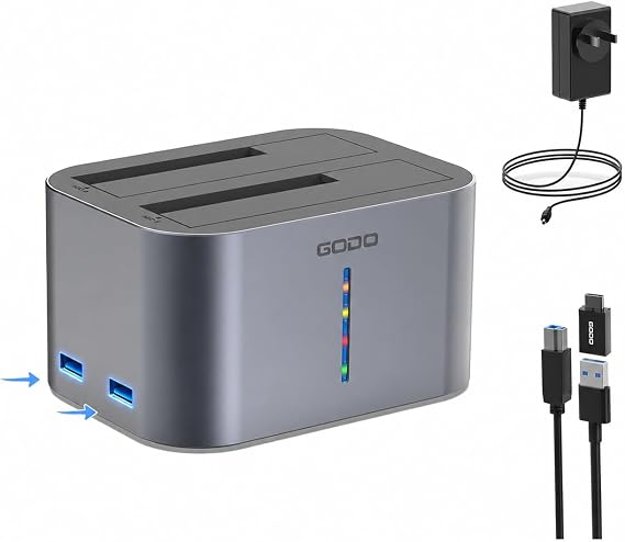 GODO 2.5/3.5" SATA Dual-Bay HDD Dock, USB 3.0 Hub, Clone, 20TBx2 Aluminum