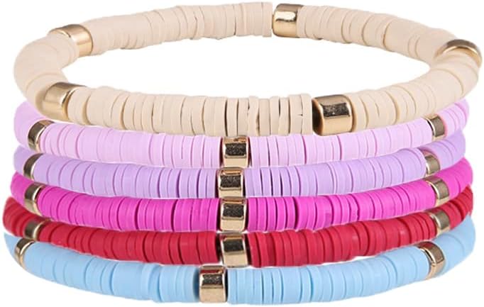 Bohemian Ploymer Clay Surfer Bracelet for Women Summer Beach Layering Colorful Beaded Stretch Stackable Friendship Boho Bead Bracelet Set