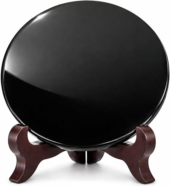 Polar Jade Black Obsidian Fortune Telling Mirror (100 mm / 4 Inches with Wooden Stand)