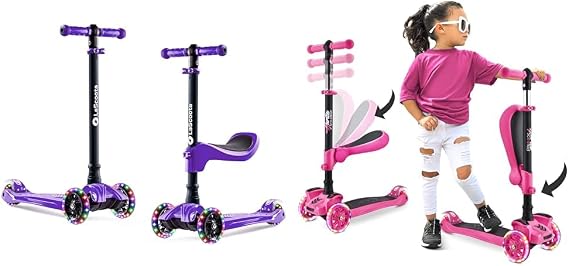 LaScoota 2-in-1 Kick Scooter and Hurtle 3-Wheeled Scooter for 1-14 Year Old Boys and Girls with LED Lights, Adjustable Handlebars, Removable Seats