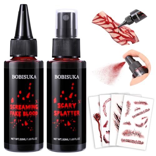 BOBISUKA Halloween Fake Blood Kit, 1.76oz Blood Spray  1.76oz Dripping Blood  4 ScarWound Face Tattoos, Realistic Washable Fake Blood Makeup for Clothes Zombie Vampire Monster SFX Costume Cosplay