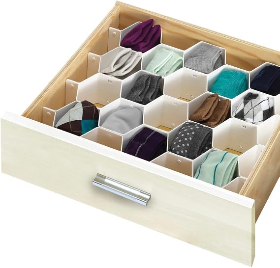 Simplify 32 Compartment Honeycomb Drawer Organizer | 8 Piece Set | Customizable to Fit Drawers | Plastic Snap Lock Design | Bedroom Dresser | Socks & Underwear | Bathroom | Jewelry & Cosmetics | White