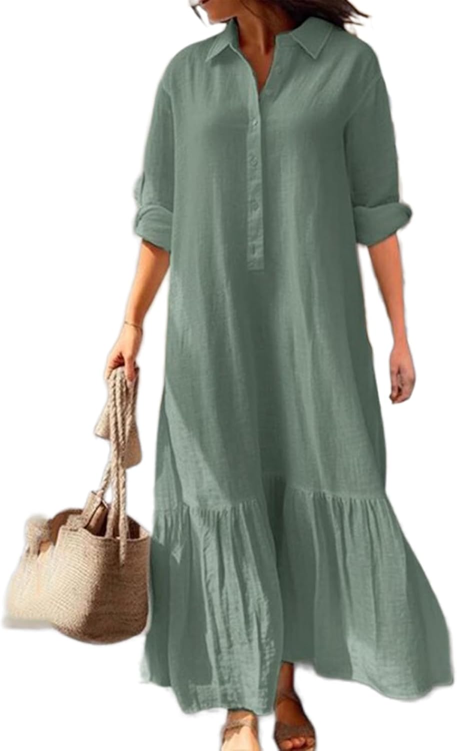 Bengbobar Womens Cotton Linen Maxi Dress Plus Size Casual Button Down Long Sleeve Flowy Lapel Collared Long Shirt Dress