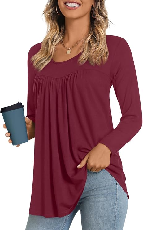LONGYUAN Women's Long Sleeve Casual Tunics Tops 2026 Winter Loose Shirts Flare Blouse Comfy Elastic Cute