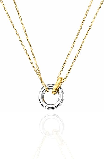 QueenBee Gold and Silver Interlocking Rings Necklace for Women 14K Gold Plated Layered Chain, Circle Pendant Two-Tone Jewelry Gift for Birthday, Christmas Hypoallergenic, Mixed Metal
