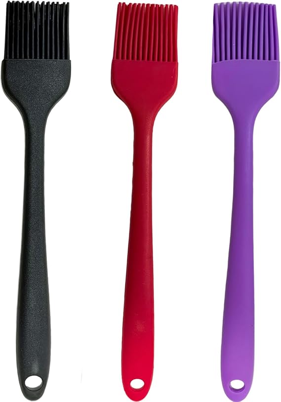 Pastry Brush For Baking,Silicone Basting Brush For Cooking,315C Heat Resistant Food Brush for Oil & Sauce,Non-Shedding for Kitchen Butter Bread Meat Egg Wash Cake Baster(3pc Red Black Purple)