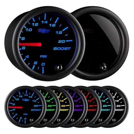 GlowShift Tinted 7 Color 20 PSI Diesel Boost Gauge Kit, 2-1/16" 52mm | Includes Mechanical Hose, Compression Fittings & Wiring, Multi-Color Analog Display, Black Dial, Smoked Lens, For Trucks