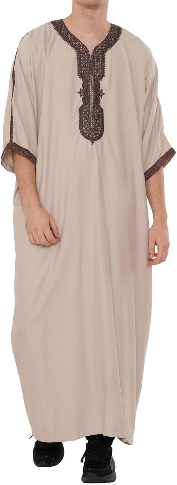 Men's Moroccan Thobe Half Sleeve Gandoura Embroidery Kaftan Eid Ramadan