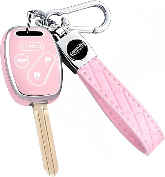 Key Fob Cover for Honda with Leather Keychain, Premium TPU Key Case Compatible with Honda 2003-2015 Accord Fit Civic EX CR-V Pilot Ridgeline Element Remote Smart Car Key Protector(4 Buttons Pink)
