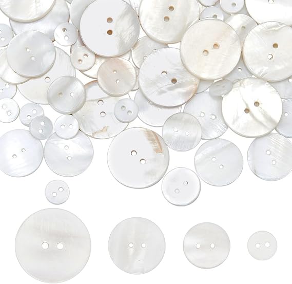 MAYJOYDIY 70pcs White Genuine Mother of Pearl Buttons, Natural Shell Buttons, 10/16/20/25mm, 2 Hole, Flat Round, for Cloth, Suits, Shirts