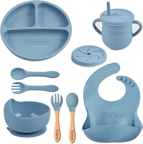 Personalized Silicone Baby Feeding Set,Custom Led Weaning Supplies with Name Bib Spoon and Fork Suction Plate Bowl Sippy Cup Birthday Gift for Boy & Girl