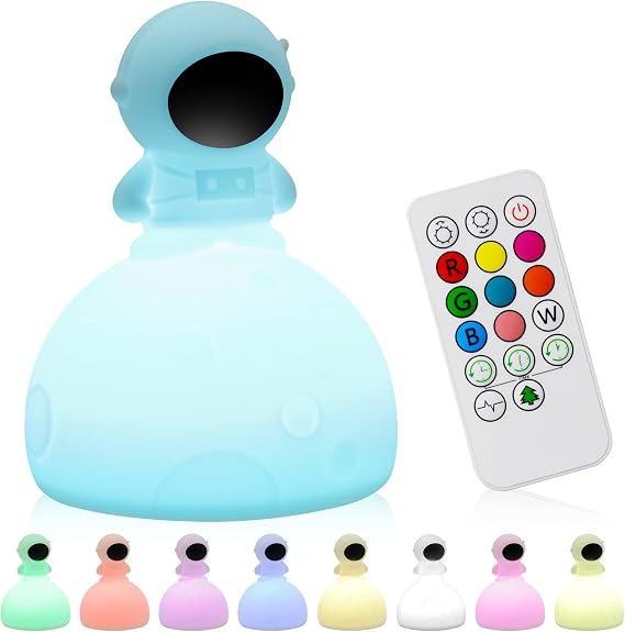 Cool LED Night Light for Kids Room, Aesthetic Decor Toddler Bed Rooms Astronauts 9 Colors Soft BPA Free Silicone Rechargeable Bedside Lamp for Teen Girl Boy Nursery Baby Shower Mothers Day Gifts