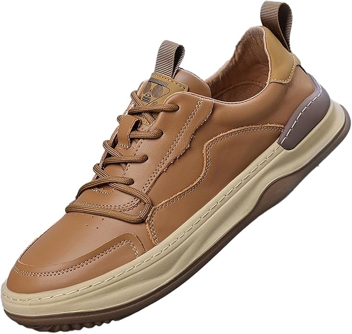 Men's Genuine Leather Platform Sneakers Classic Round Toe Lace Up Hand Stitched Elevator Walking Shoes Casual Non-Slip Tennis Driving Casual Shoes
