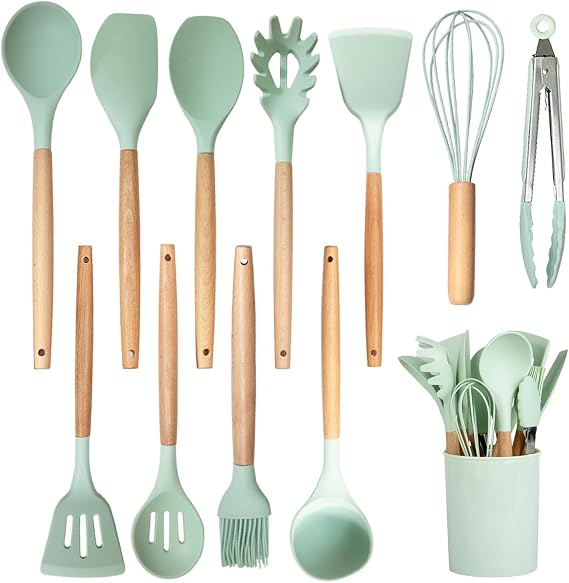 Kitchen Utensil Set, 12 PCS Sage Green Silicone Cooking Utensils Set with Wooden Handle, Heat Resistant & Nonstick, BPA-Free Kitchen Tools & Accessories Set, Dishwasher Safe