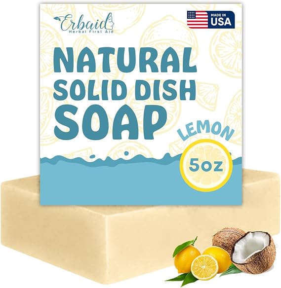 Non Toxic Dish Soap Bar Natural Solid Dish Soap with Lemon Scent Eco Friendly, Zero Waste, Plastic Free Kitchen Dishwashing Block Long-Lasting, Gentle on Hands and Tough on Grease Made in USA
