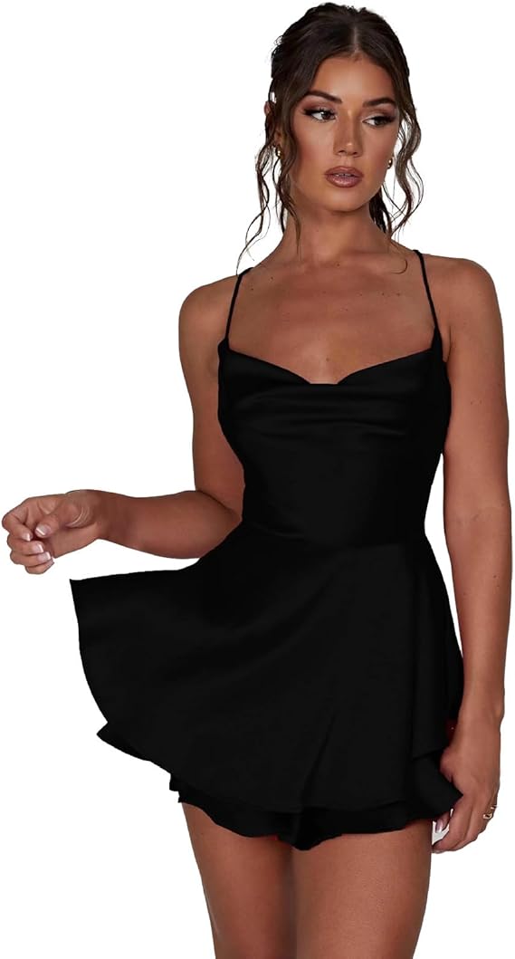 OBEEII Women Satin Dress Sexy Spaghetti Strap Summer Mini Dress Backless Short Romper A-Line Layered Homecoming Dress
