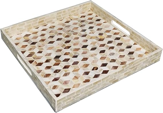I-lan 12" Brown Mother of Pearl Square Tray with Handles, Rhombus Inlay | Deep 2-inch walls help keep drinks, decor and daily essentials contained on ottomans, coffee tables, counters or vanities