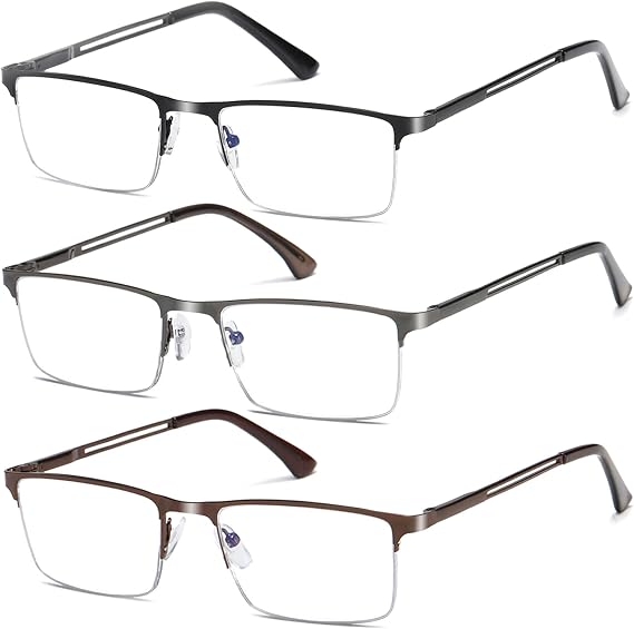 LOUOL READERS for Men Blue Light Blocking Reading Glasses, Half Frame Metal Readers with Spring Hinge, 3-Pack