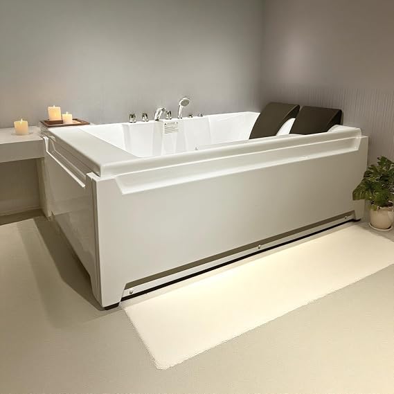 Whirlpool Tub Jetted Bathtub Two-person Hydro Massage Chromatherapy LED Light 3-sided Apron Acrylic Alcove Install Left-side Drain Headrests Pull-out Hand Shower 8 Adjustable Water Jets
