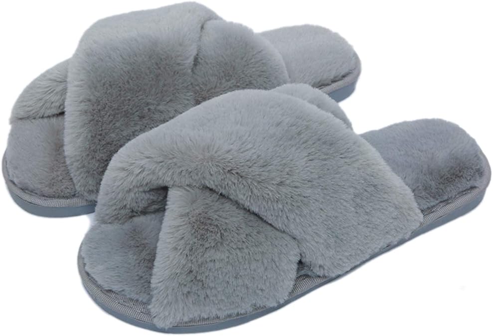 Slippers Womens Fluffy Slides Open Toe Slippers for Ladies Faux Fur Slippers Cute Comfortable House Slippers for Girls