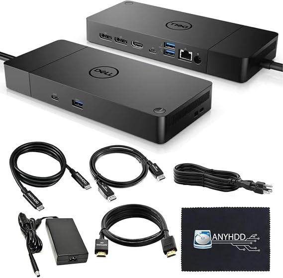Dell WD19S 130W Dock Bundle, Dual Monitor, 90W PD, USB-C + HDMI + DP Cables + Cloth, Black