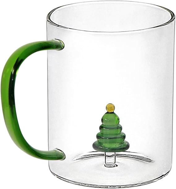 Holiday Peekaboo Borosilicate Glass Mug - Cute Coffee Cup for Tea, Milk, Juice - Transparent Drinkware Accessory for Christmas Party, Festive Gingerbread Snowman Present (Tree)