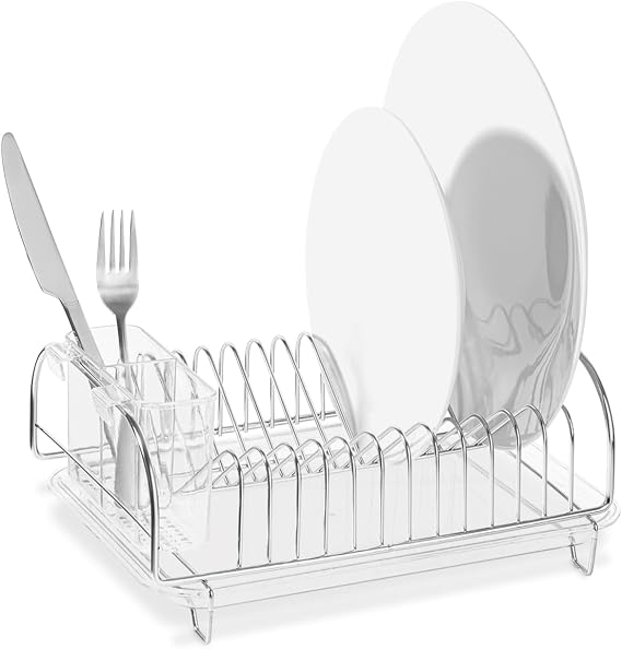 Better Houseware Stainless Steel Dish Drainer with Clear Plastic Tray and Cutlery Holder, Compact Space-Saving - Holds Up to 12 Plates