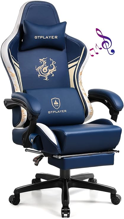 GTPLAYER Gaming Chair with Bluetooth Speakers and Footrest, Ergonomic Computer Chair Heavy Duty High Back Lumbar Support Home Office Chair (Blue)