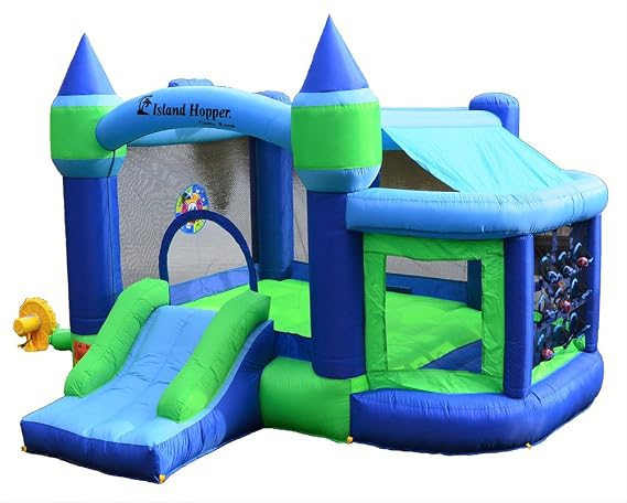 Island Hopper Shady Play Game Room with Shaded Canopy - Recreational Bounce House with Padded Floor Side Room, Basketball, Target Throw, tic-tac-Toe