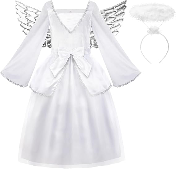 ReliBeauty Angel Costume for Kids White Fancy Princess Tulle Dress with Wings and Halo