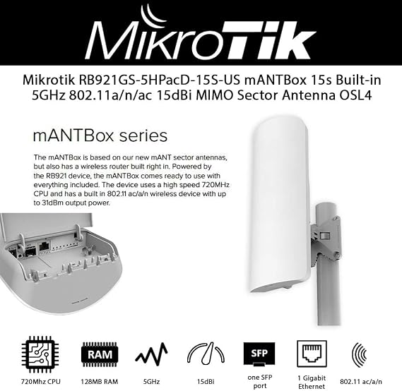 Mikrotik mANTBox 15s Built-in 5GHz 802.11a/n/ac 15dBi MIMO Sector Antenna OSL4 (RB921GS-5HPacD-15S-US)
