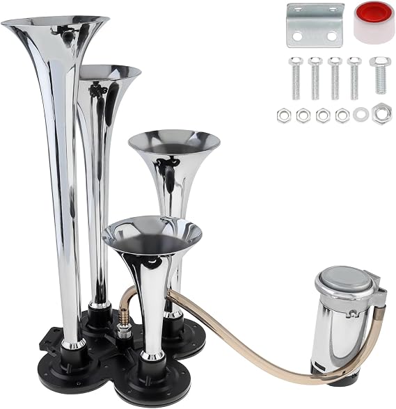 Train Horns Kit, 12V 185db Super Loud Train Horns for Pickup Trucks, Four Trumpet Air Horn Kit with Compressor for Vehicle Cars Trucks Pickup Trains Lorrys Boats